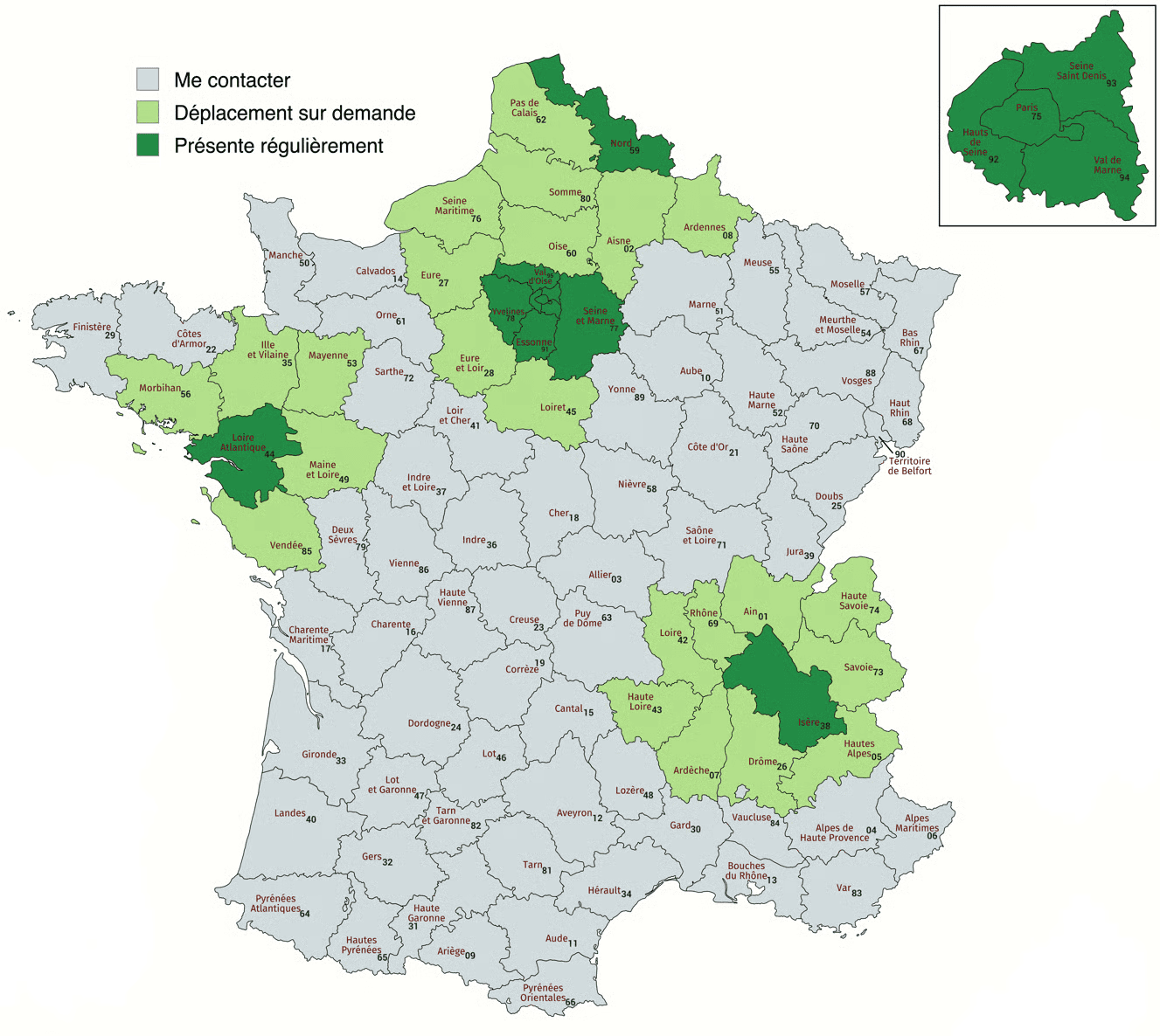 Carte des zones d'intervention : Île-de-France, Isère, Nord, Loire-Atlantique